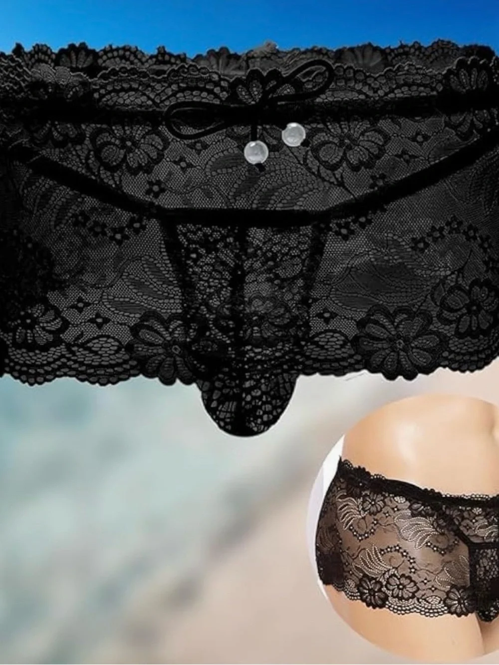 Sexy Sheer Lace Garter Thong & cover up for men one size - Black